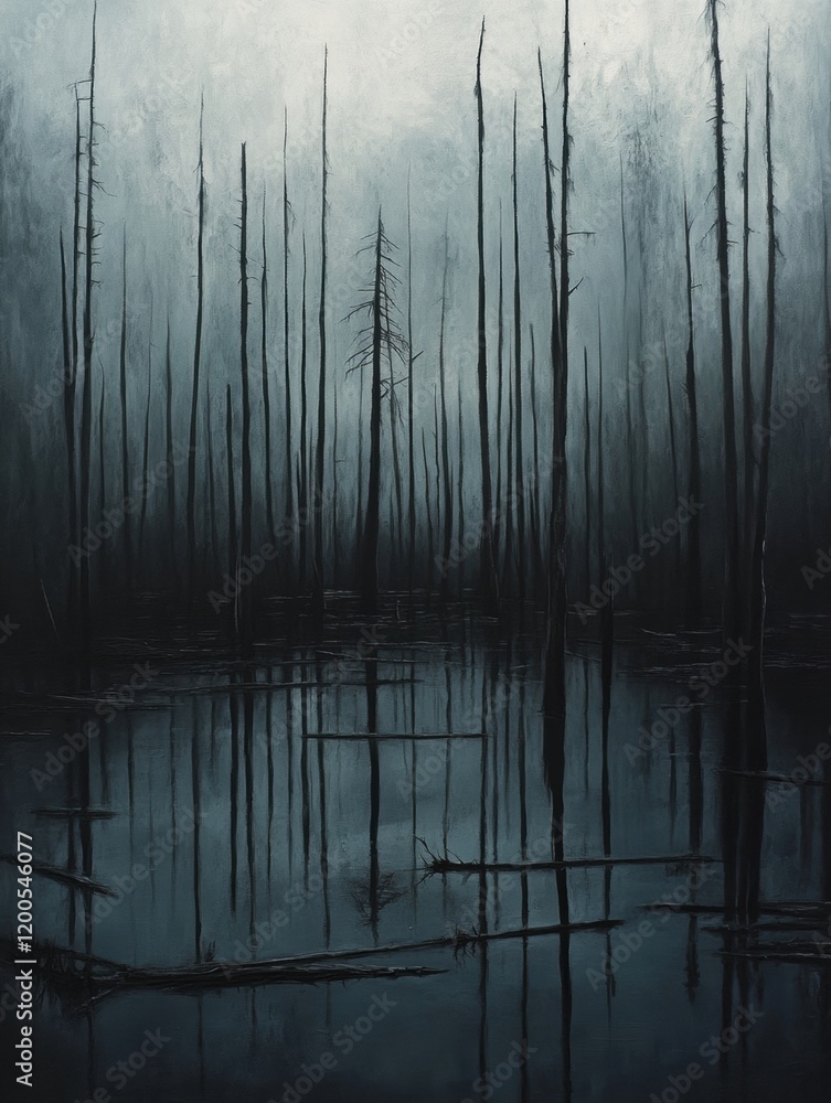 Poster barren trees surround an oil lake creating an eerie atmosphere in a desolate landscape. generative a