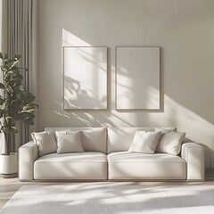 A bright and airy living room designed with modern minimalism in mind. The beige and white sofa complements the clean, contemporary look, all under the influence of natural daylight.