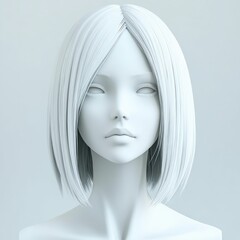 elegant monochromatic sculpture of a serene woman with wavy hair, closed eyes, smooth white texture, minimalist artistic design.