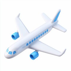 3D illustration of a toy airplane with white body, blue accents, simple design, playful, and minimal aesthetic for aviation theme.