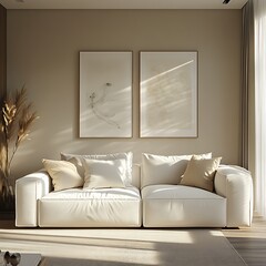 A sleek and modern living room design that emphasizes minimalism and clarity. The beige and white sofa stands out in the bright daylight that fills the space.