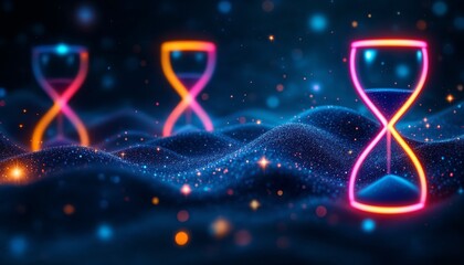 Neon hourglasses on an abstract glowing background. Concept of time, deadline, and flow.