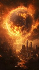A fiery celestial event illuminates a devastated urban landscape.