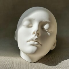 minimalist sculpture of a serene face with closed eyes, smooth white texture, elegant expression, artistic and calming design.
