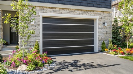 A smooth dark gray garage door with horizontal panels and bold white trim, set against ivory stone walls