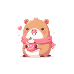 Naklejka premium A cute cartoon hamster wearing a scarf, holding a cup with a heart design, radiating warmth and charm.