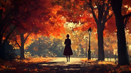 Fototapeta premium Woman Stands Alone in Autumnal Park Pathway