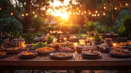 Family and Friends Enjoying a Vibrant Outdoor Vegetarian Dinner Party in the Backyard Surrounded by Greenery