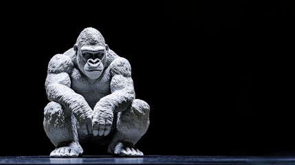 A sculpted gorilla figure in a crouching position against a dark background.