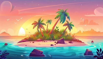 Fototapeta premium A small tropical island with palm trees, rocks, and a sandy beach surrounded by blue water under a bright orange sunset.