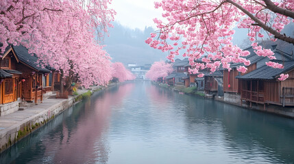 Obraz premium Serene Canal with Cherry Blossoms in China, sakura, pink flowers, spring, trees, water