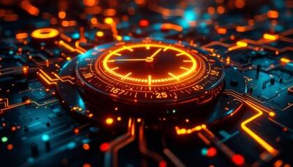Futuristic clock on circuit board. Concept of time in the digital age.
