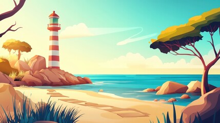 Obraz premium Coastal Lighthouse Scene Peaceful Ocean View