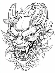 intricate black-and-white illustration of a mythical face with bananas as crown, leaves, fierce expression, detailed and artistic design.
