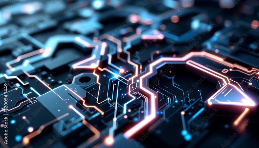 Poster circuit board with glowing lines. concept of technology, computing, and artificial intelligence.