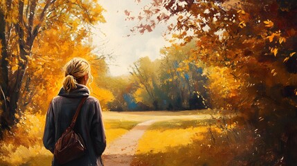 Woman Contemplating Autumn Path Through Golden Woods