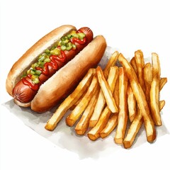 two hot dogs with toppings, one with lettuce and relish, the other with fries, ketchup, and mustard.