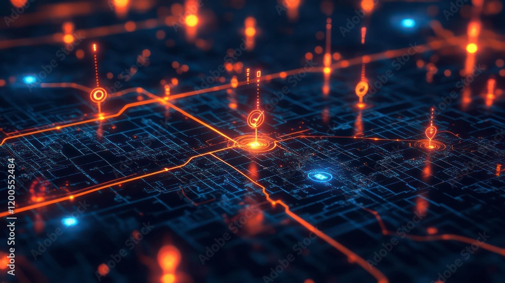 Aufkleber digital map with glowing neon pins, interconnected nodes, futuristic design, virtual navigation, tec