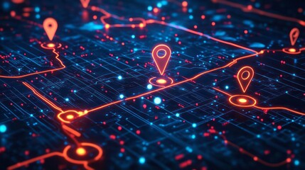 digital map with glowing neon pins, interconnected nodes, futuristic design, virtual navigation, technology concept, smart systems, data visualization.