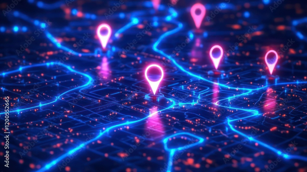 Poster digital map with glowing neon pins, interconnected nodes, futuristic design, virtual navigation, tec