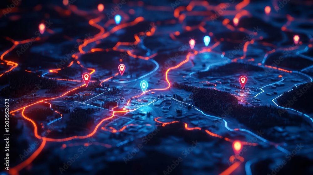 Poster digital map with glowing neon pins, interconnected nodes, futuristic design, virtual navigation, tec