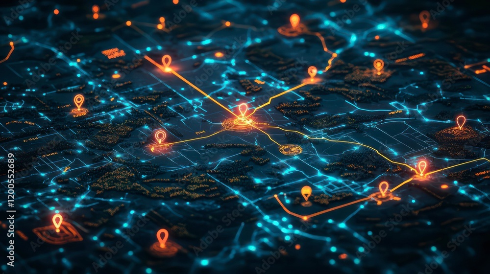 Poster digital map with glowing neon pins, interconnected nodes, futuristic design, virtual navigation, tec