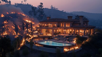 Big mansion house with swimming pool on a hill burning