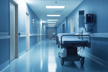 Serene Hospital Corridor with Empty Stretchers Under Soft Lighting Featuring Clean Floors and Modern Medical Equipment in a Professional Healthcare Environment