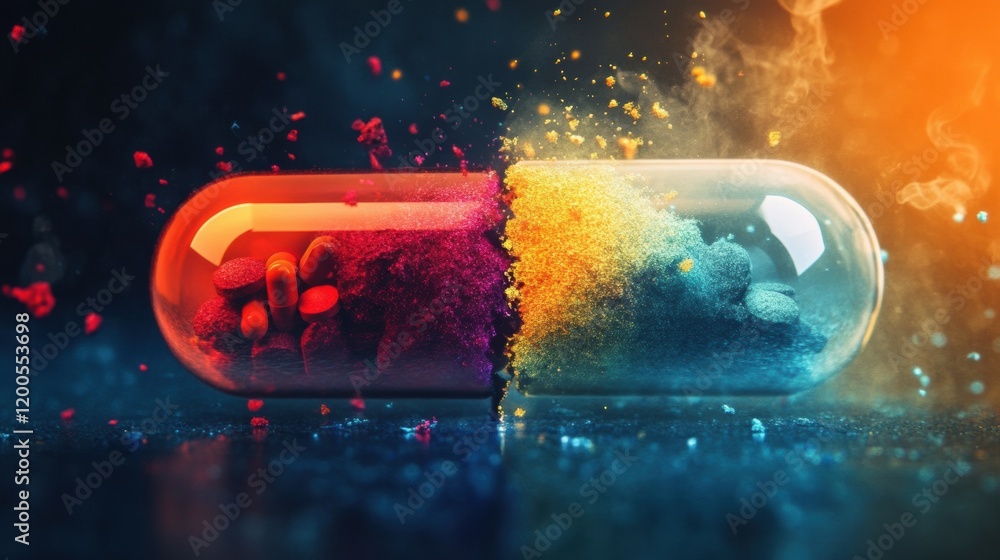 Poster Split capsule showcasing vibrant particles spilling out in a creative display of color and texture in a dark environment. Generative AI