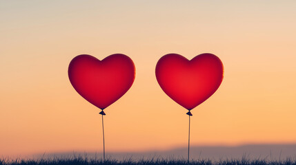 Heartfelt Sunset: Two vibrant red heart-shaped balloons stand tall against a serene sunset backdrop, symbolizing love, romance, and hope.
