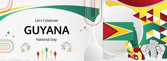Guyana Independence Day modern greeting banner. 26 May Happy Guyana National Day. Holiday abstract concept in flag colors. Great for event like carnival, feast poster, support, culture and tourism
