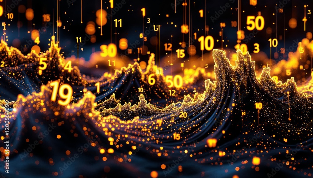 Poster abstract digital landscape with glowing data points and numbers. concept of big data, technology, an