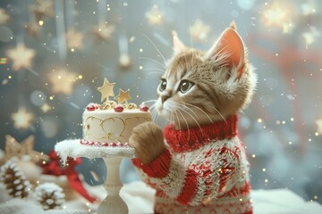 Cute cat with a cake on the background of Christmas decorations, Ai Generated