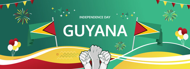 Guyana Independence Day modern greeting banner. 26 May Happy Guyana National Day. Holiday abstract concept in flag colors. Great for event like carnival, feast poster, support, culture and tourism