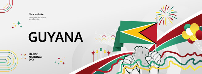 Guyana Independence Day modern greeting banner. 26 May Happy Guyana National Day. Holiday abstract concept in flag colors. Great for event like carnival, feast poster, support, culture and tourism