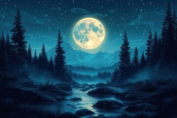 Fototapeta premium A serene night landscape featuring a full moon over mountains and a flowing river.