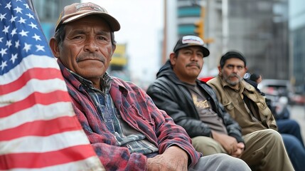 Fototapeta premium Latino men sit near a us flag. A group of poorly dressed men.
