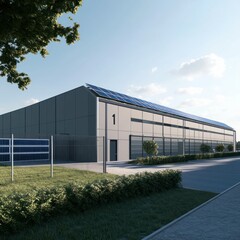 rooftop solar panels, surrounded by lush greenery and a clear blue sky, showcasing sustainability. a modern industrial building