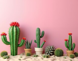 Vibrant Cactus Collection Against a Pink Background