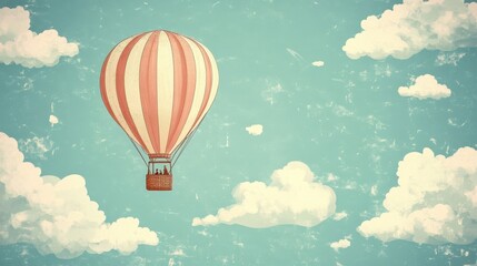Naklejka premium A Striped Hot Air Balloon Soaring Through Fluffy Clouds