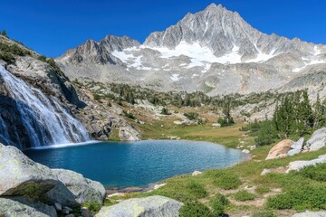 Serene Mountain Landscape with Sparkling Lake and Majestic Waterfall Surrounded by Lush Greenery and Rugged Rocky Terrain Under Clear Blue Sky