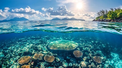 A divided underwater scene showcasing a bright sky and calm ocean.