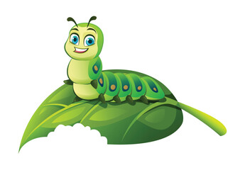Cute caterpillar resting on a bitten leaf. Vector cartoon illustration