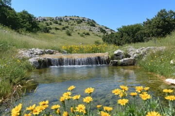 Serene Natural Landscape with Small Waterfall Surrounded by Wildflowers and Lush Green Hills Under a Clear Blue Sky