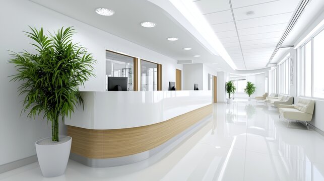 Modern, bright hospital reception area with a clean, minimalist design, featuring a light-colored wooden reception desk, potted plants, and comfortable seating.