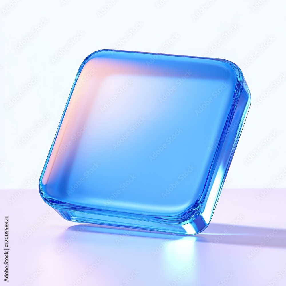 Poster blue rounded square button icon for mobile application - 3d glass design with soft gradients and amb
