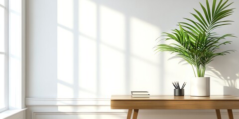 Fototapeta premium Serene Minimalist Interior: Sunlight Illuminates Desk, Plant, and Books