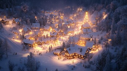 Magical Snowy Village Illuminated by Warm Lights Creating a Cozy and Enchanting Winter Wonderland Scene
