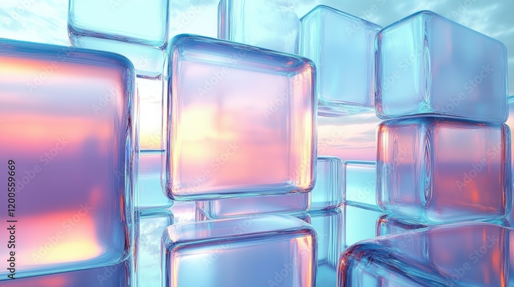 Poster floating translucent squares in soft pastel colors with gentle backlighting
