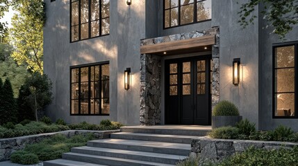 Fototapeta premium A striking modern residence with gray stucco walls, black windows, and rugged stone accents